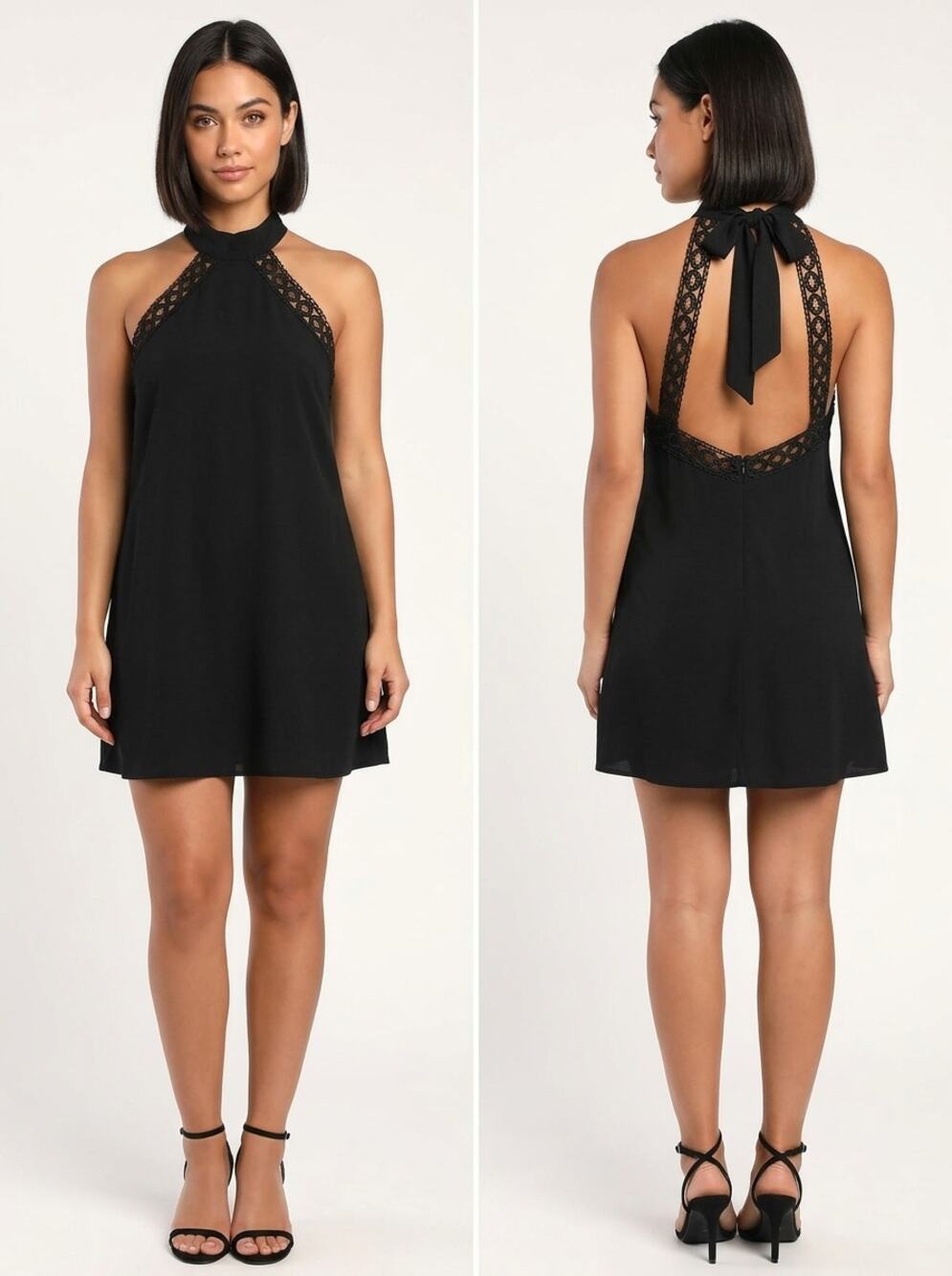 Lulus Black Crochet Lace Halter Neck Mini Dress Women Size M